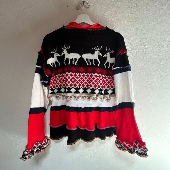 VonksArt Womens Reindeer Fair Isle Sweater Pullover Red Knit Holiday OOAK Artsy - Picture 2 of 8